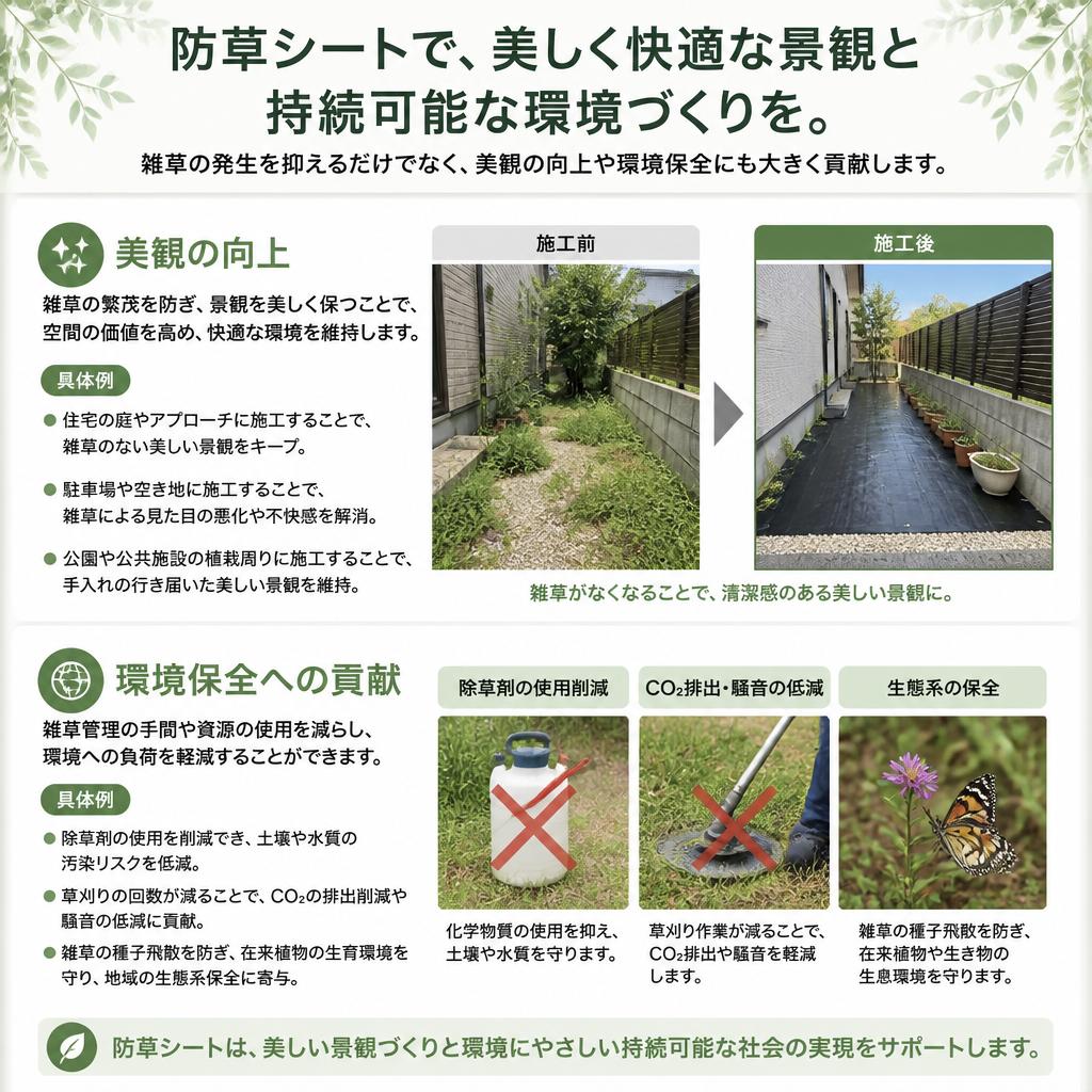 2. 防草シートの利点：美観と環境保全